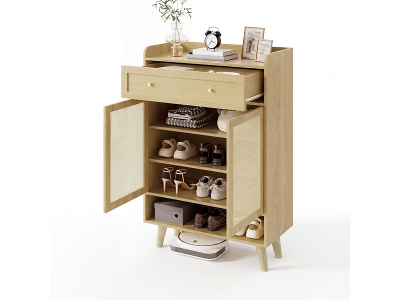 Meuble à chaussures - 80 x 35 x 105 cm - commode à chaussures en rotin avec 2 portes, 4 étagères et 1 tiroir - naturel - Conforama A