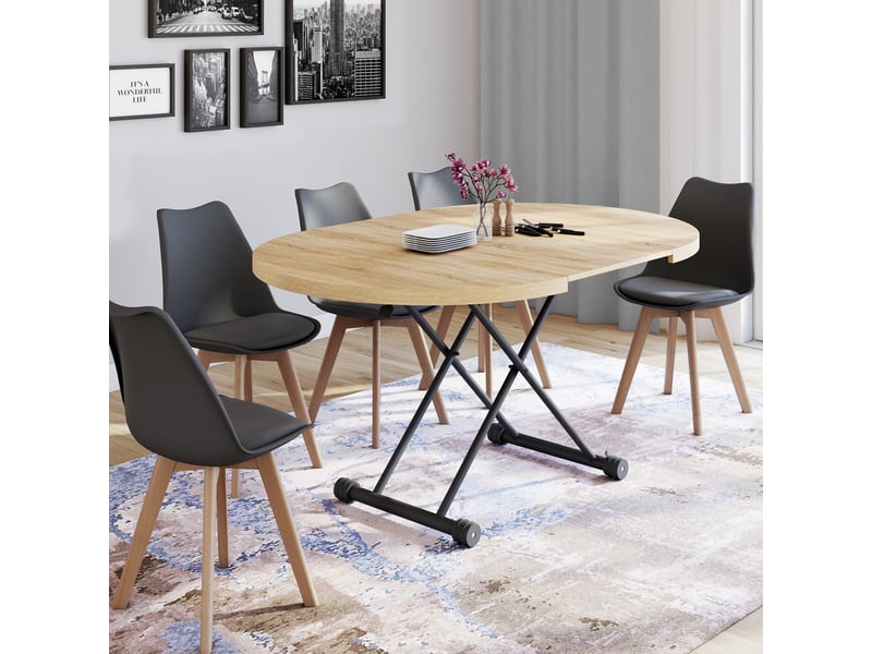 Table basse extensible relevable en table à manger ronde altura plateau façon hêtre pied noir design industriel - Conforama D