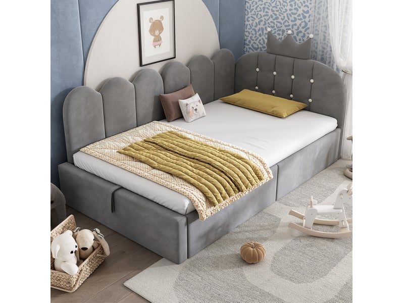  Lit simple 90x200 cm avec rangement hydraulique en velours gris  - Conforama C