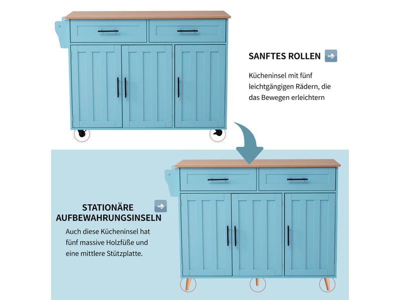 Desserte de cuisine avec 3 portes, 2 tiroirs et plateau rabattable, sur roulettes ou pieds, en mdf bleu clair - Conforama D