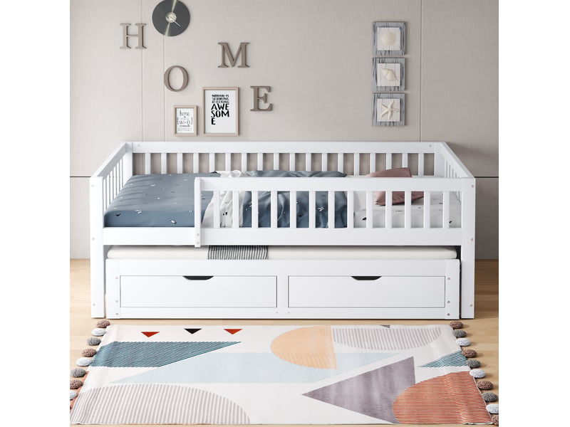  Modenvie lit gigogne 90x200 cm - avec 2 tiroirs, barrière de sécurité, sommier inclus - blanc  - Conforama B
