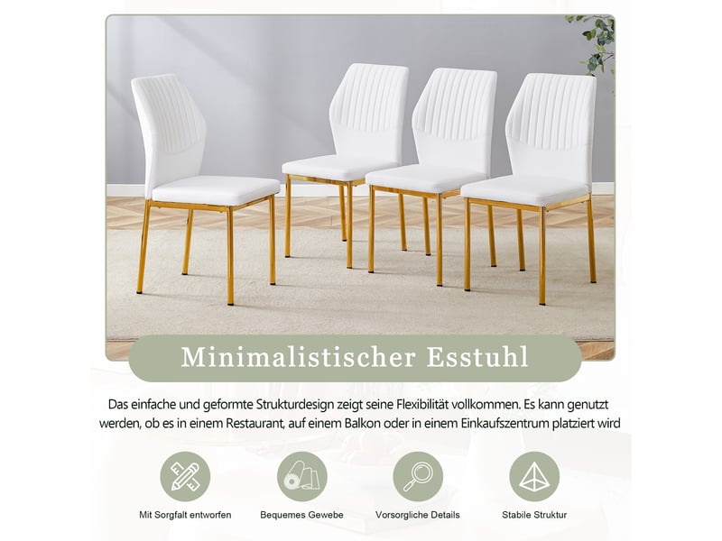  Lot de 4 chaises de salle à manger avec dossier côtelé  - assise rembourrée, pu et métal blanc et doré  - Conforama E