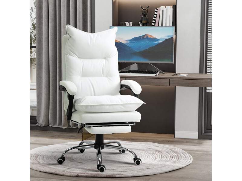  Chaise de bureau ergonomique avec accoudoirs, repose-pieds, pivotante et réglable en hauteur, revêtue de similicuir, blanche.  - Conforama C