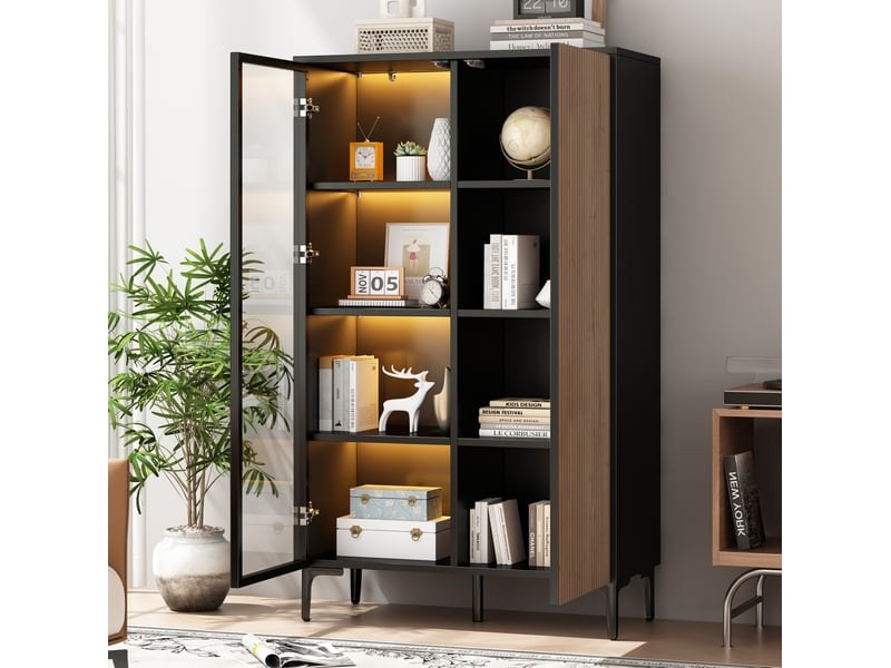Vitrine avec 2 portes, 8 niches, éclairage led rgb, en mdf noir et bois naturel pour salon, 90 × 40 × 135 cm - Conforama B