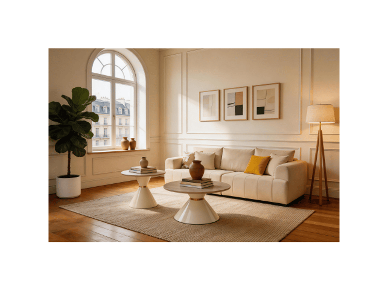  Ensemble 2 tables basses imbriquées – plateaux travertin-mélaminé – pieds métal dorés crème et blanc – gain de place  - Conforama D