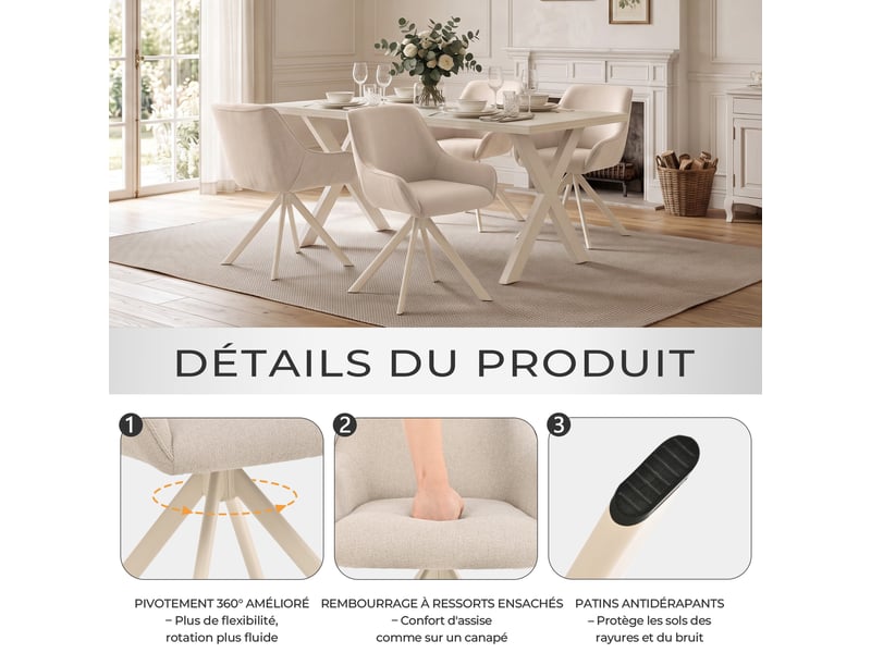  Ensemble table et 4 chaises - table rectangulaire 160x80 cm monobloc en travertin et pieds métal, 4 chaises en tissu beige et pieds en métal blanc  - Conforama R