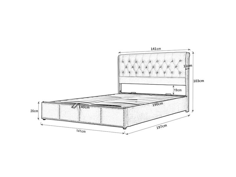 Lit coffre enfant 140x190 cm avec tête de lit et sommier, rangement et décor à rivets, velours, gris, sans matelas - Conforama C