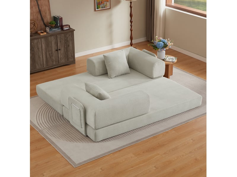  Canapé convertible modenvie 3 places en velours côtelé beige avec 2 coussins 204 x 192 x 48 cm  - Conforama E