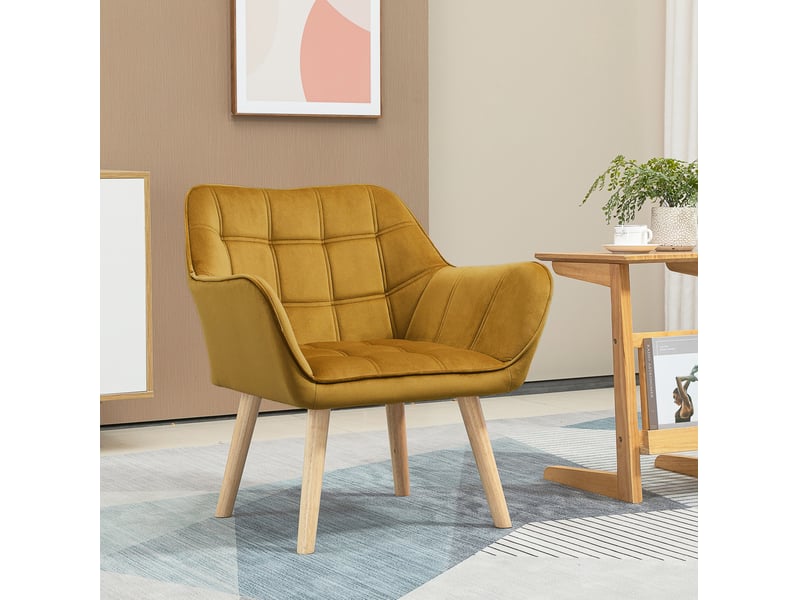  Fauteuil 1 place avec accoudoirs et pieds surélevés, style scandinave en tissu polyester aspect velours jaune  - Conforama B