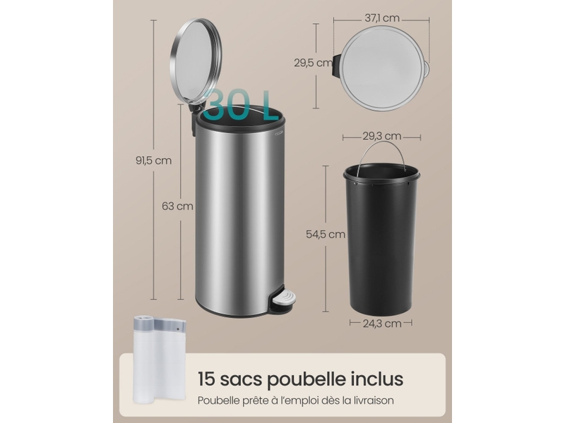 Poubelle ronde 30 l avec seau amovible et couvercle à fermeture douce 29,5 x 37,1 x 63 cm en acier inoxydable blanc 12_0012545  - Conforama B