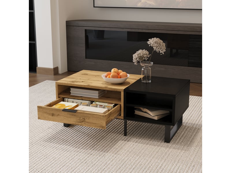  Table basse 100x50x40 cm avec tiroir et 3 niches ouvertes, pieds en métal, panneaux de particules, décor bois et noir ABC - Conforama D