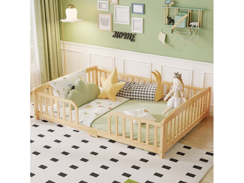  Lit enfant au sol modenvie 140 x 200 cm avec barrières de sécurité ouverture centrale bois de pin coloris naturel  - Conforama D
