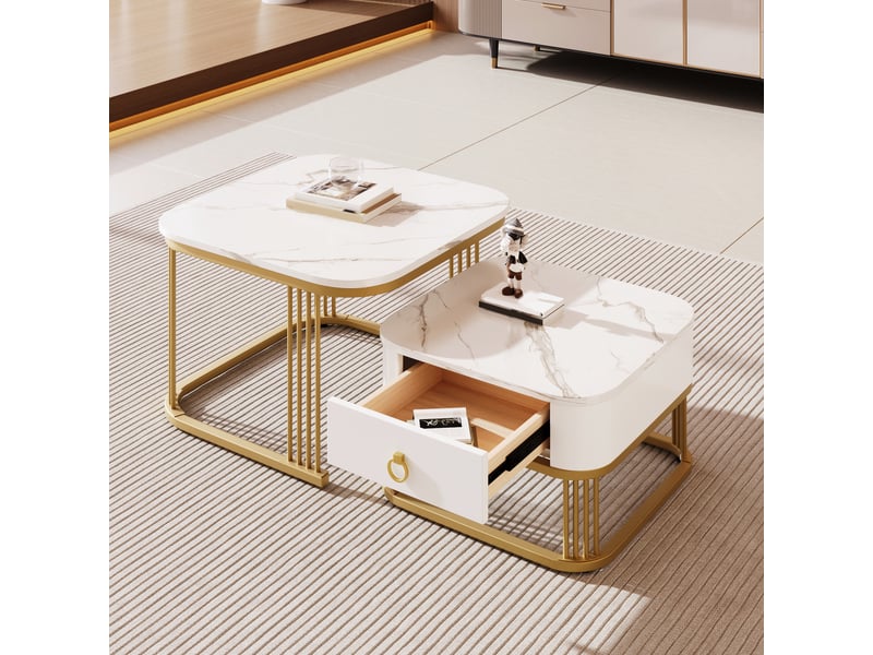  Lot de 2 tables basses gigognes avec tiroir, effet marbre brillant, blanc et doré  - Conforama E
