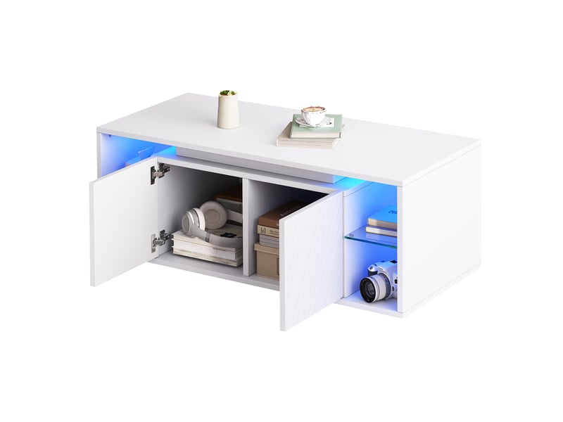  Table basse 100x50x41 cm blanche avec led, 2 portes à motif diagonal et rangement semi-ouvert Fay Lum - Conforama A