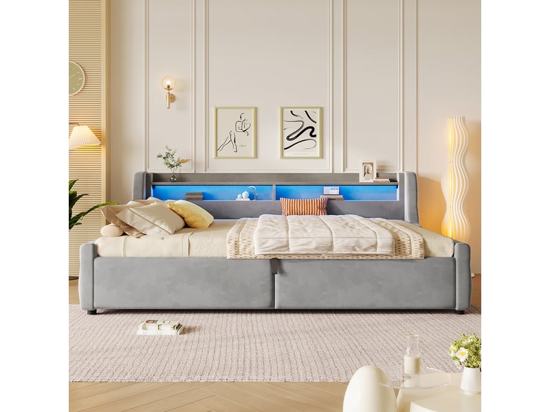  Lit coffre gris 140x200 cm en velours avec relevage hydraulique, tête de lit à led multicolores et rangement sous sommier  - Conforama B