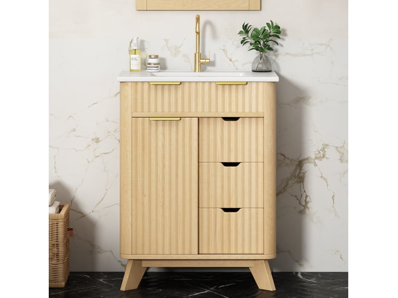  Meuble sous vasque avec 3 tiroirs porte coulissante et vasque en céramique pour salle de bain 61 × 47 × 90 cm  - Conforama D