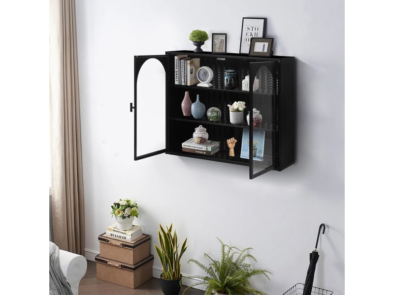  Armoire murale moderne en verre - 70x23x60 cm - noir - métal et verre trempé - deux portes - rangement à trois niveaux  - Conforama C
