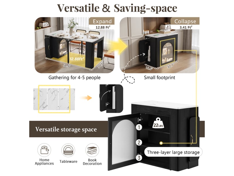  Îlot de cuisine, desserte extensible avec plateau amovible, led, prise et rangement, effet marbre, mdf et verre, noir et blanc  - Conforama D