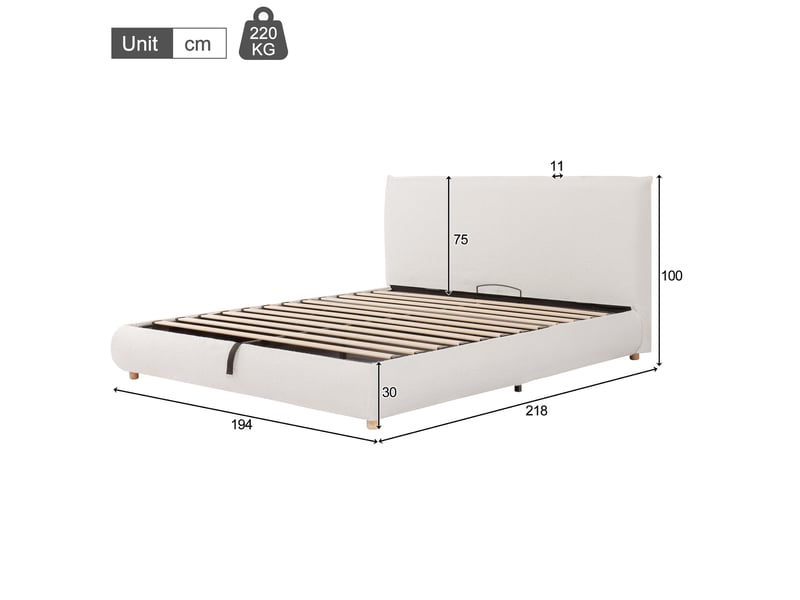  Lit double 180x200 cm hydraulique avec grand espace de rangement bouclé blanc sans matelas  - Conforama E