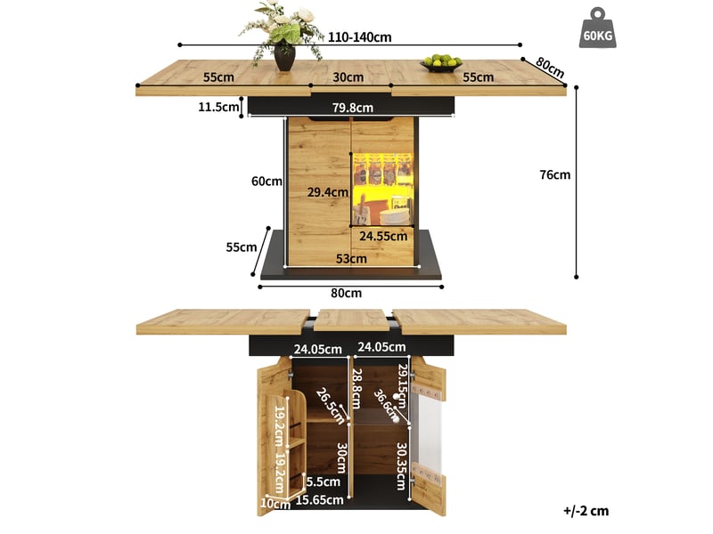  Table à manger extensible 110-140 x 80 x 76 cm, éclairage led intégré, couleur noir et naturel, compartiment en-cas, en mdf et verre trempé  - Conforama C