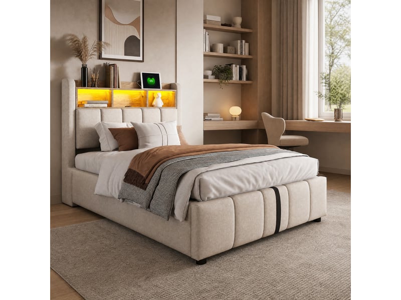  Lit simple coffre 90x200 cm à led, usb et usb-c, tissu en lin beige  - Conforama D