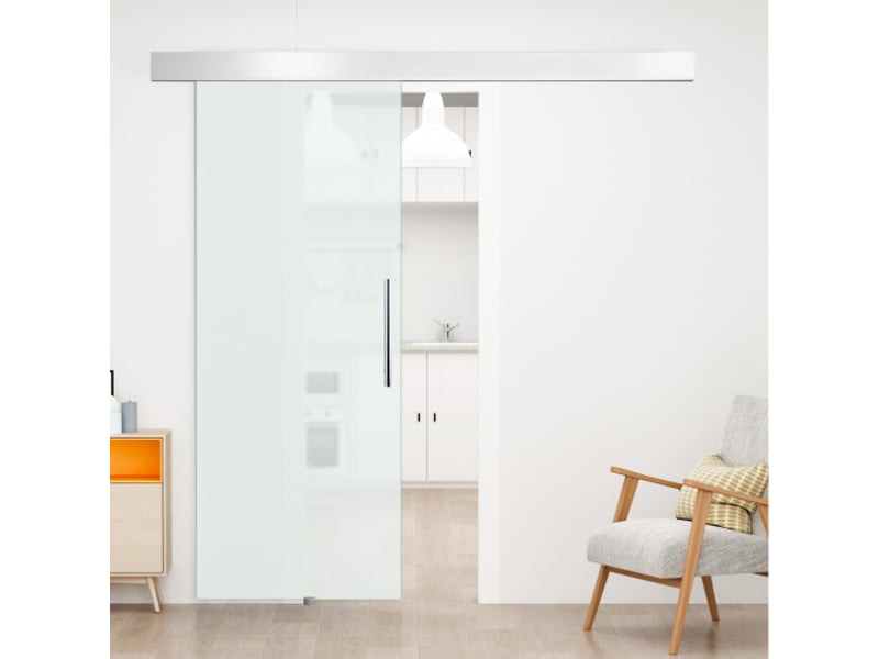  Porte coulissante en verre satiné 2050x900 mm avec kit complet, poignée barre, porte intérieure moderne à montage facile  - Conforama D