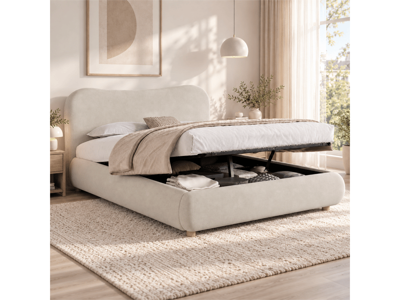  Lit coffre， lit rembourré 180x200 cm beige en velours tête de lit  - Conforama B
