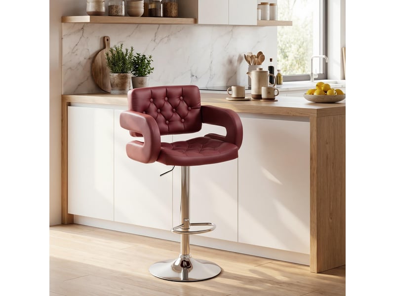  Tabouret de bar avec dossier et accoudoirs, hauteur réglable et repose-pieds, en similicuir rouge  - Conforama C
