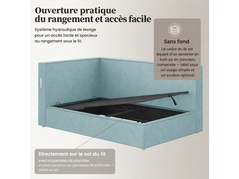  Lit coffre simple en velours bleu 90 x 200 cm avec sommier, led et usb type-c  - Conforama D