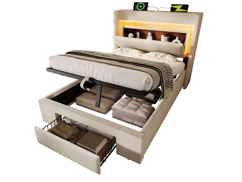 Lit enfant 90x200 cm – beige – rangement hydraulique, tête de lit led et usb-c – avec matelas 25 cm - Conforama A