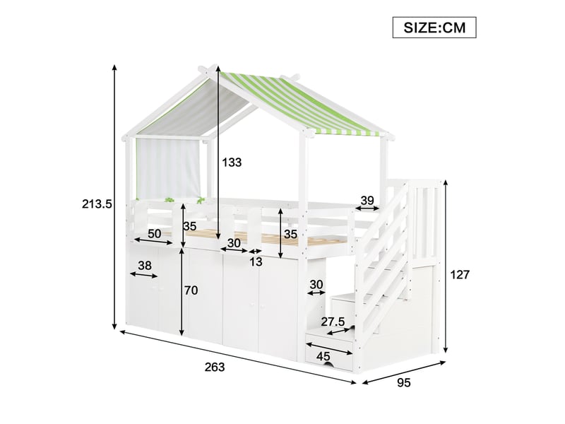  Lit superposé 90x200 cm avec toit, escalier de rangement et rangements intégrés, bois, blanc et vert, sans matelas  - Conforama C