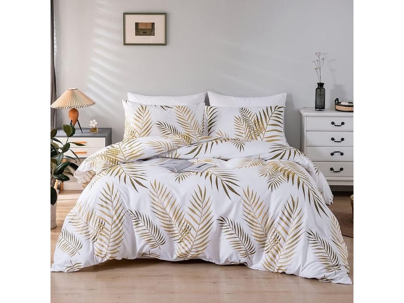  – housse de couette 220x240 cm motif feuilles de palmier or et blanc – parure de lit 3 pièces avec 2 taies d'oreiller 50x75 cm – fermeture éclair  - Conforama D