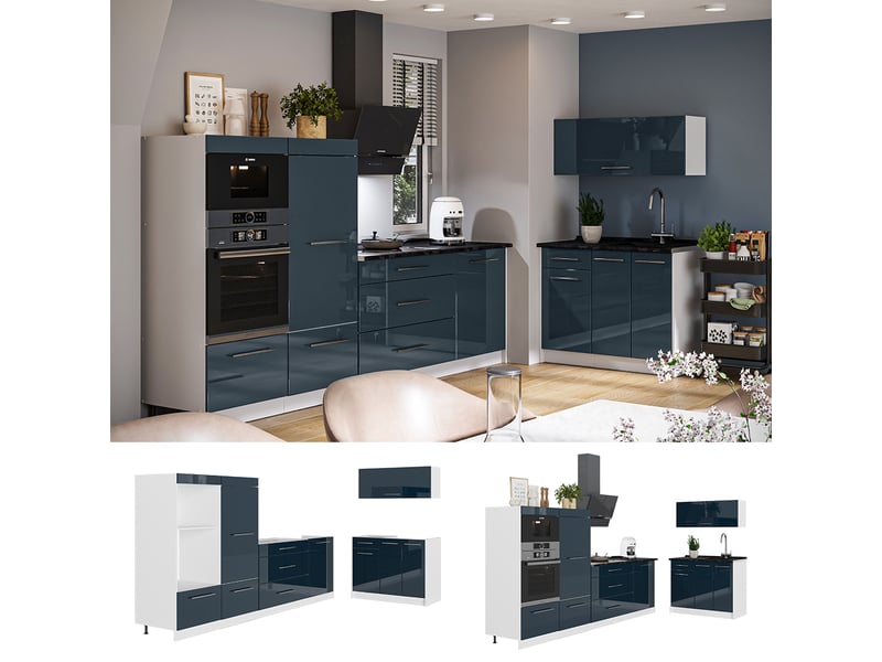 Vicco cuisine, bleu foncé brillantblanc, 380cm, pt marbre - Conforama D