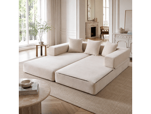 Canapé modulable en blocs chenille – canapé convertible, assise profonde, poches latérales, coussins inclus, tissu chenille doux, base antidérapante, beige