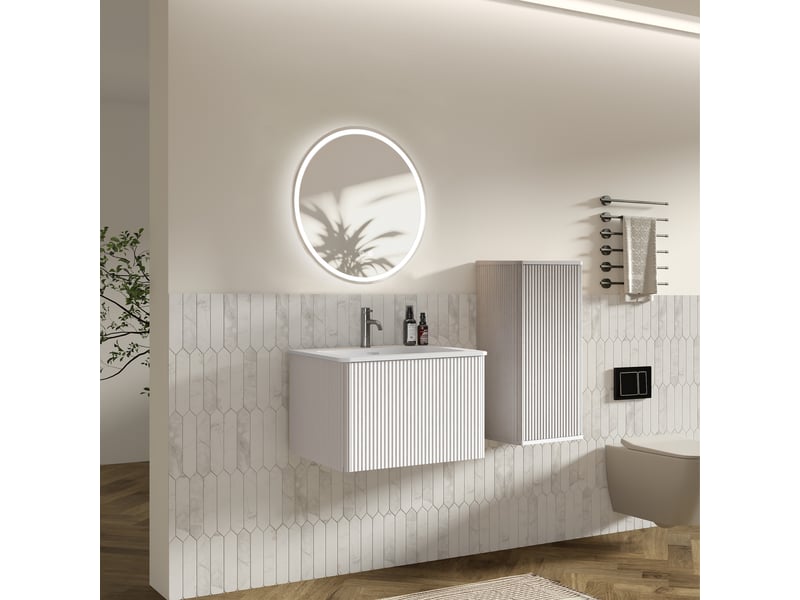  Ensemble meubles salle de bain avec vasque et miroir led réglable - lpospi - rangement mural mdf, verre et résine minérale blanc  - Conforama C