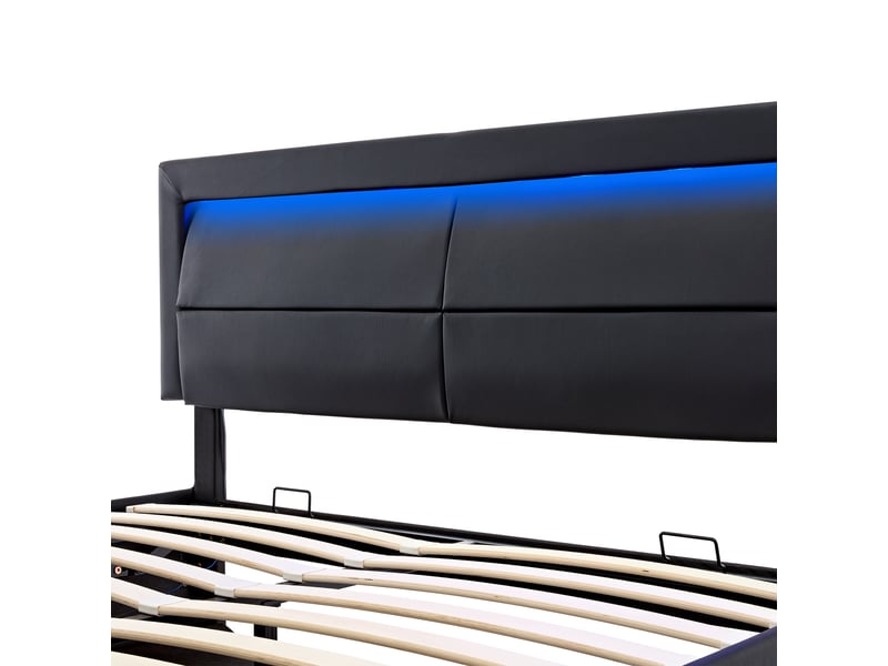  Lit coffre double 160x200cm, recharge sans fil et filaire, éclairage led, design moderne, sans matelas, pu, noir  - Conforama E
