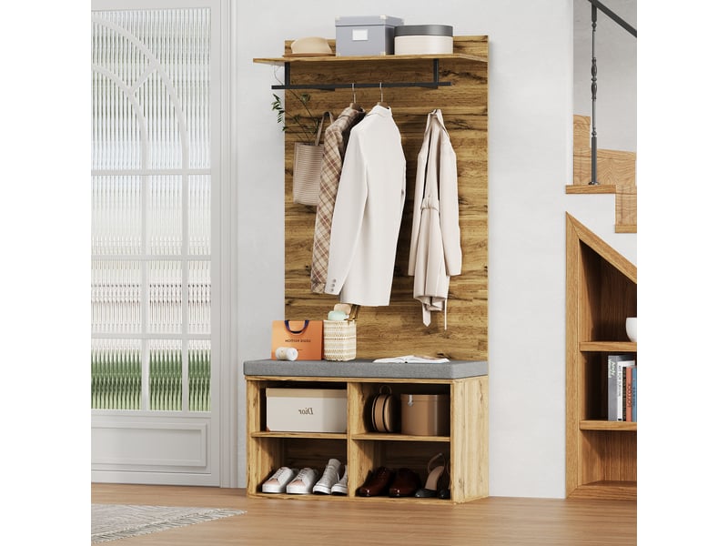  Meuble d'entrée avec banc à chaussures rembourré, penderie, étagères réglables et 2 patères, effet chêne, 84 × 35 × 175 cm  - Conforama C