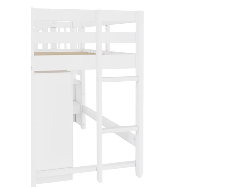  Lit mezzanine 90x200 cm avec rangements, escalier, armoires et éclairage led, structure blanche en mdf et pin  - Conforama W