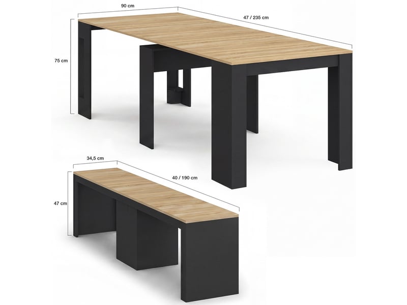  Ensemble table console avec bancs extensibles orlando 10 personnes 235 cm bois noir et façon hêtre  - Conforama E