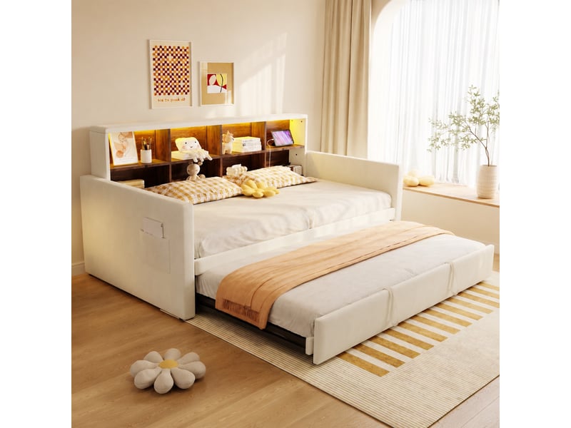  Lit gigogne 90x190 cm avec rangements, led en velours beige  - Conforama C
