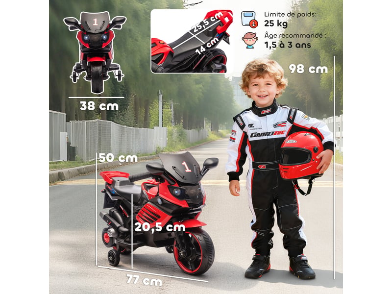  Moto électrique enfants 6 v, voiture électrique enfants avec roues d'entraînement, effets lumineux et sonores, rouge  - Conforama E