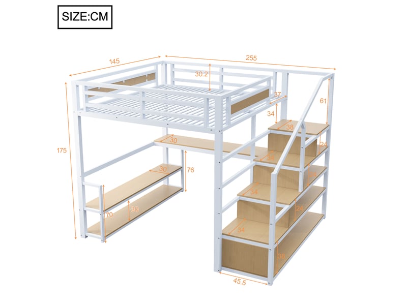  Lit mezzanine enfant 140x200 cm – blanc – bureau, étagères, escalier et rangements intégrés pour étude  - Conforama C