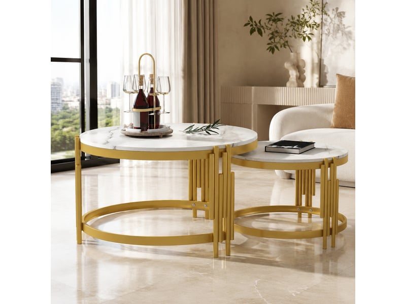  Tables basses gigognes rondes avec plateau aspect marbre cadre en métal doré style contemporain pour salon en mdf blanc  - Conforama B