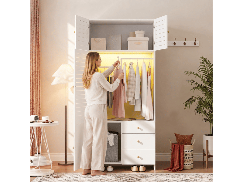  Armoire blanche avec panier à linge intégré, éclairage led, 3 tiroirs, 90x50x200 cm, panneaux de particules  - Conforama B