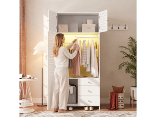 Armoire blanche avec panier à linge intégré, éclairage led, 3 tiroirs, 90x50x200 cm, panneaux de particules