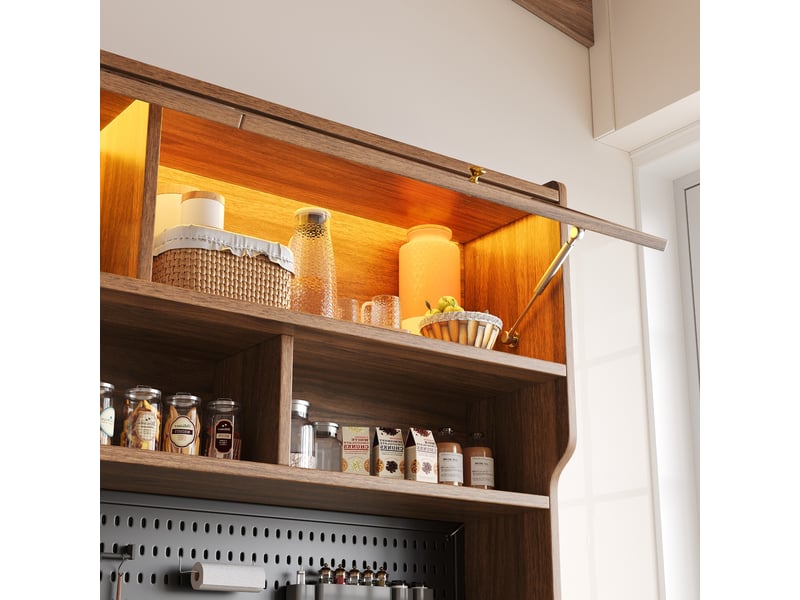 Buffet haut moderne avec led armoire de rangement étroite 145x39x171 cm couleur noyer - Conforama W