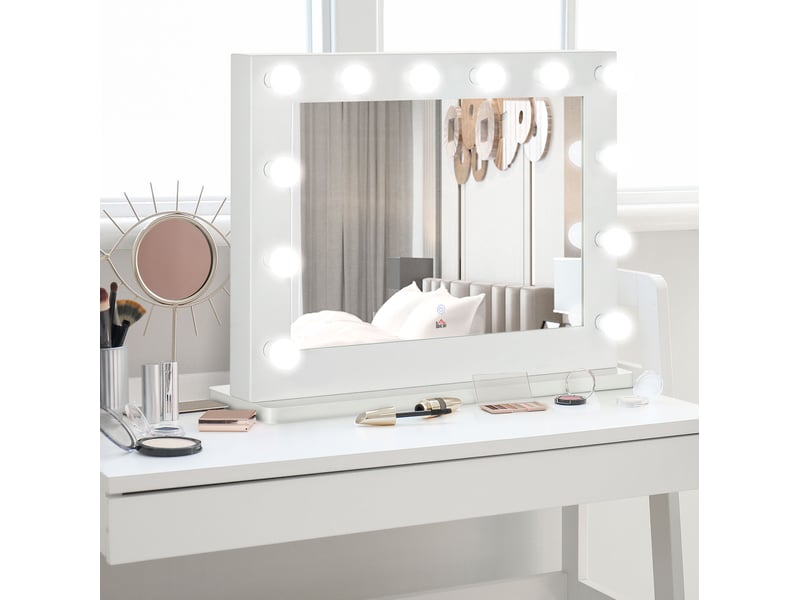  Miroir de maquillage hollywood blanc, 12 led dimmables avec commande tactile et mémoire, 80 x 60 cm pour se préparer  - Conforama B