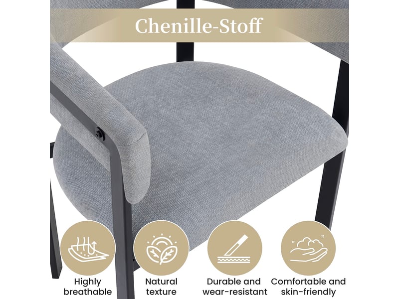  Lot de 2 chaises de salle à manger gris en tissu chenille avec dossier enveloppant  - Conforama E