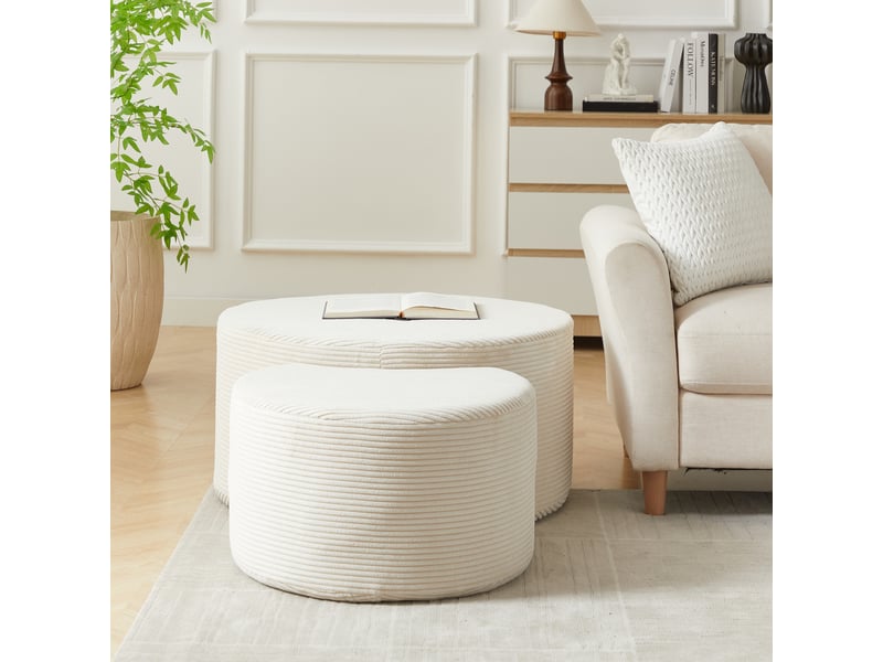 Table basse rondes 2 pièces 127x81x40 cm style moderne, gain de place multifonction assise sans montage tissu beige - Conforama R