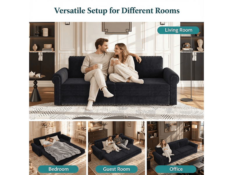  Canapé 3 places convertible en velours, 238 cm, noir, mécanisme coulissant 3-en-1, dossier réglable, accoudoirs roulés, montage requis  - Conforama D